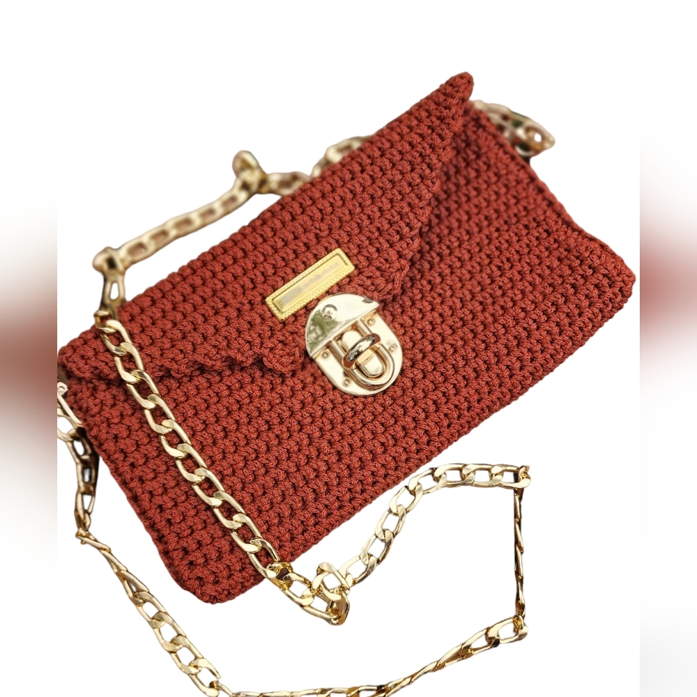 Butterfly Knit By Lisa, clutch with chain, pumpkin color